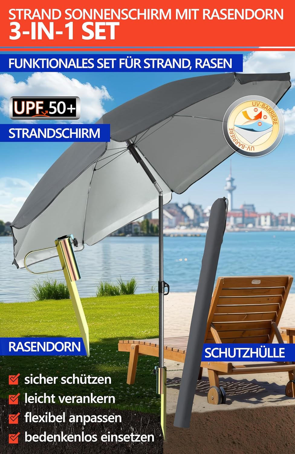 4smile Sonnenschirm Strand SunnyJoy Ø 160 cm, Anthrazit – 3er Set inkl. Strandschirm windfest stabil
