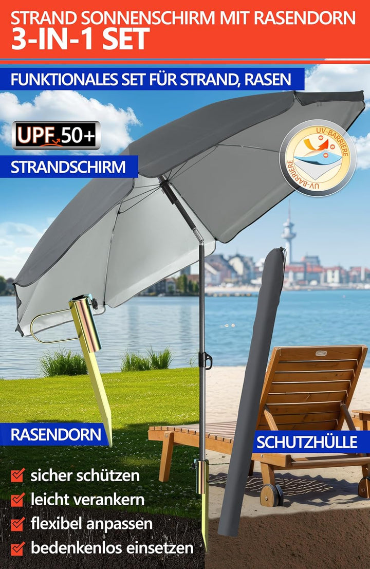 4smile Sonnenschirm Strand SunnyJoy Ø 160 cm, Anthrazit – 3er Set inkl. Strandschirm windfest stabil