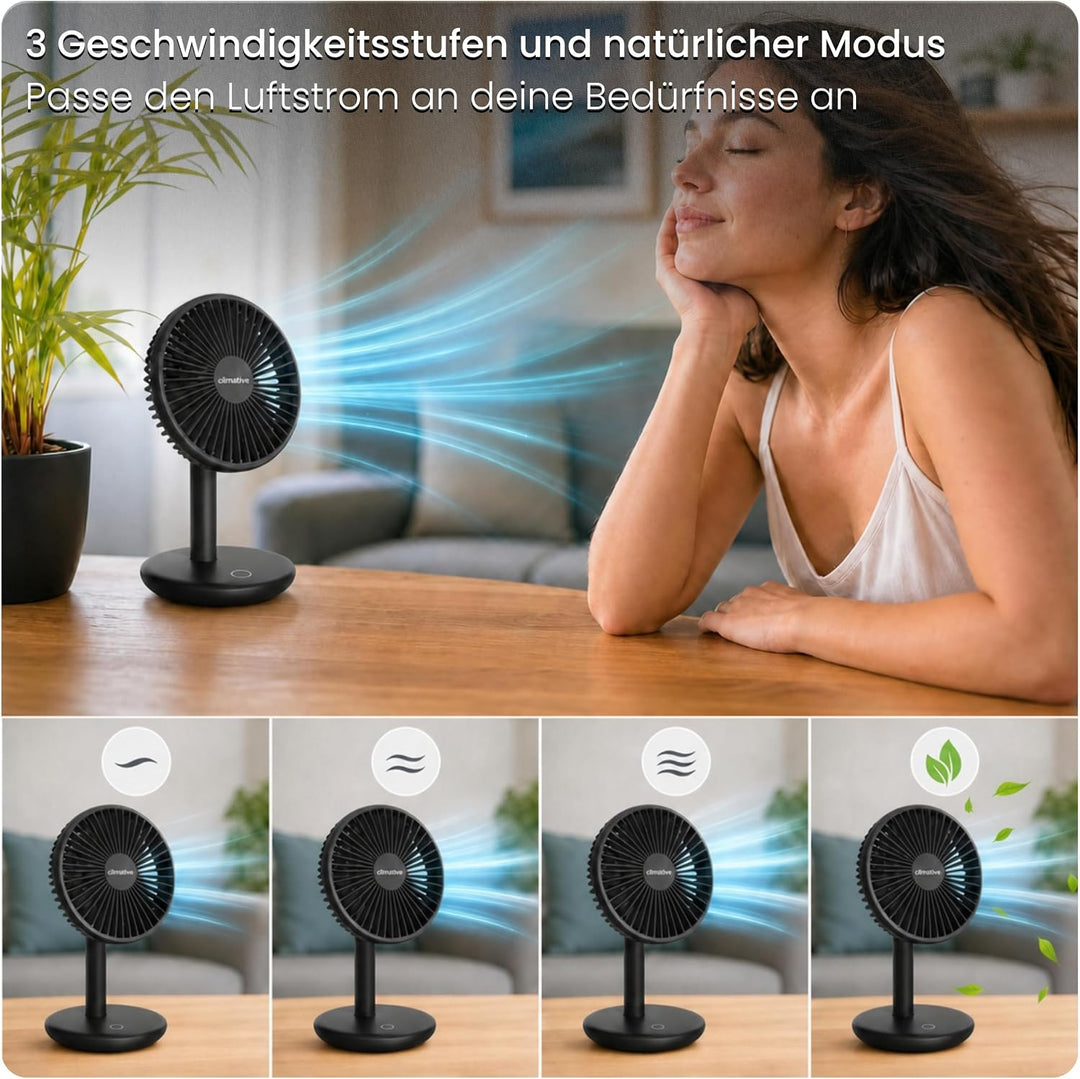 Tischventilator sehr leise - 7-Flügel USB Ventilator Akku 2000 mAh, Ø 14cm, 4 Modi, Naturwind, Bürst