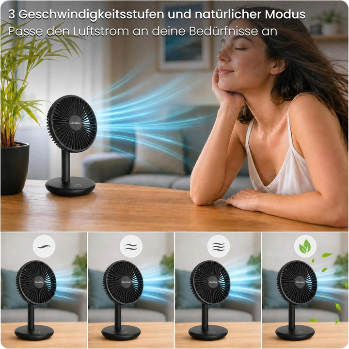 Tischventilator sehr leise - 7-Flügel USB Ventilator Akku 2000 mAh, Ø 14cm, 4 Modi, Naturwind, Bürst