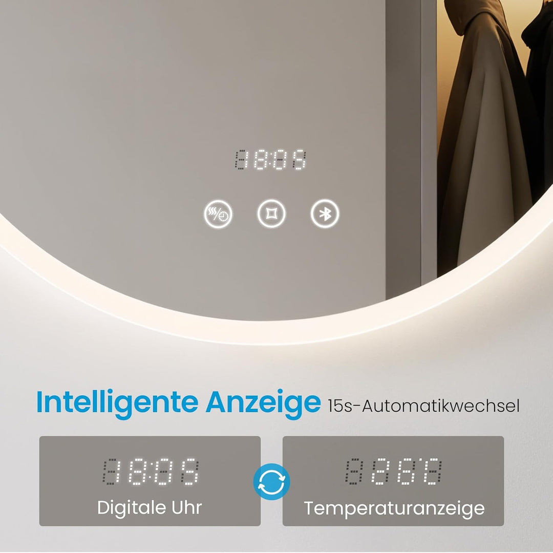 Heilmetz LED Badspiegel Rund 60cm mit Bluetooth Lautsprecher & Acrylrahmen, Badezimmerspiegel mit Be