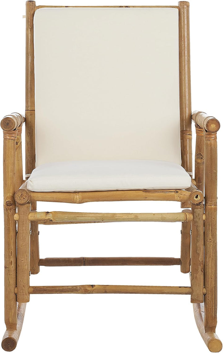 Garten Schaukelstuhl Bambus hellbraun mit Armlehnen Auflage weiss Boho Frigole