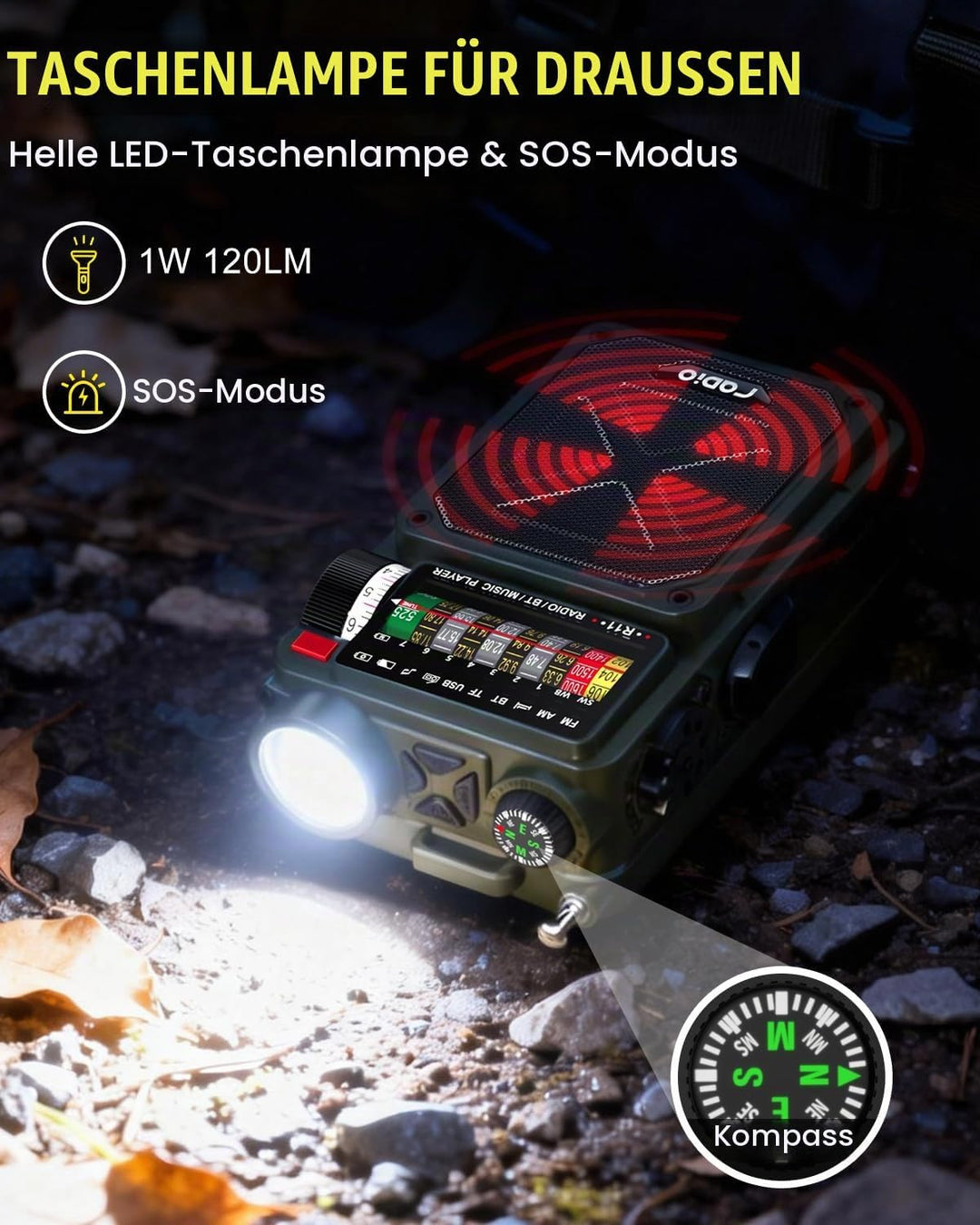 NOAA Wetterradio – 4000 mAh AM/FM/WB/SW Notfall-Radio mit Bluetooth, Taschenlampe, SOS-Alarm, Stromv