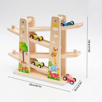 Kugelbahn Holz,Premium Holzspielzeug mit 4 Autos,Autorennbahn Holz Spielzeug für Jungen Geschenke Ge