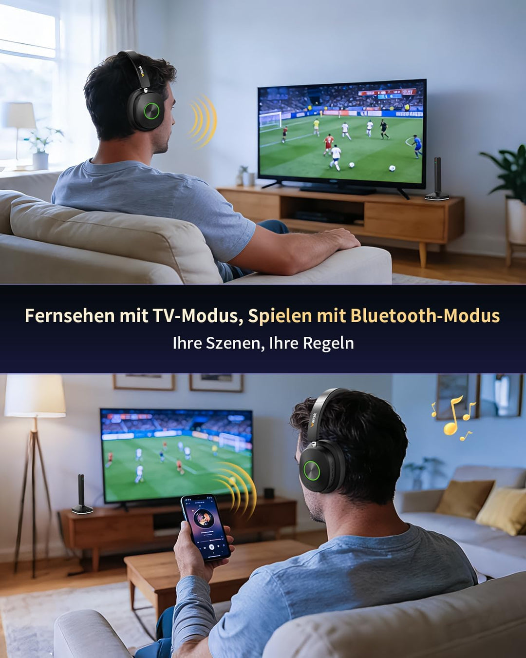 Wantek Funkkopfhörer für Fernseher, Kabellose TV-Kopfhörer für Senioren mit Sender-Ladestation, Ohne