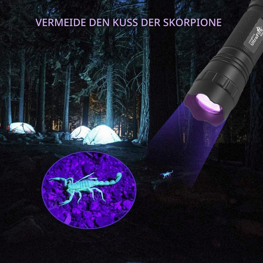ULTRAFIRE UV Taschenlampe 395-405nm Schwarzlicht Stufenlose Dimmung Zoom Mini Ultraviolett LED Tasch