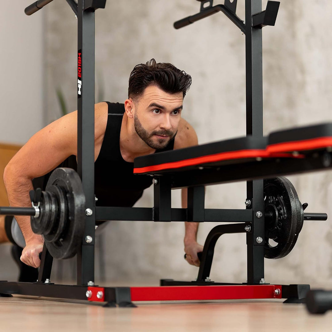 Hop-Sport Power Tower mit Klimmzugstange, Hantelbank &amp; Dip-Station, Fitnessgerät für Zuhause, Calist