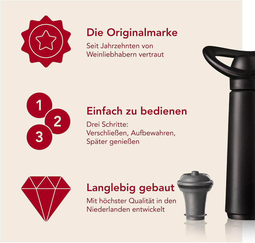 Vacu Vin Weinpumpe Concerto - Schwarz - 1 Pumpe 4 Stopper - Vakuumpumpe mit Weinflaschenverschluss -