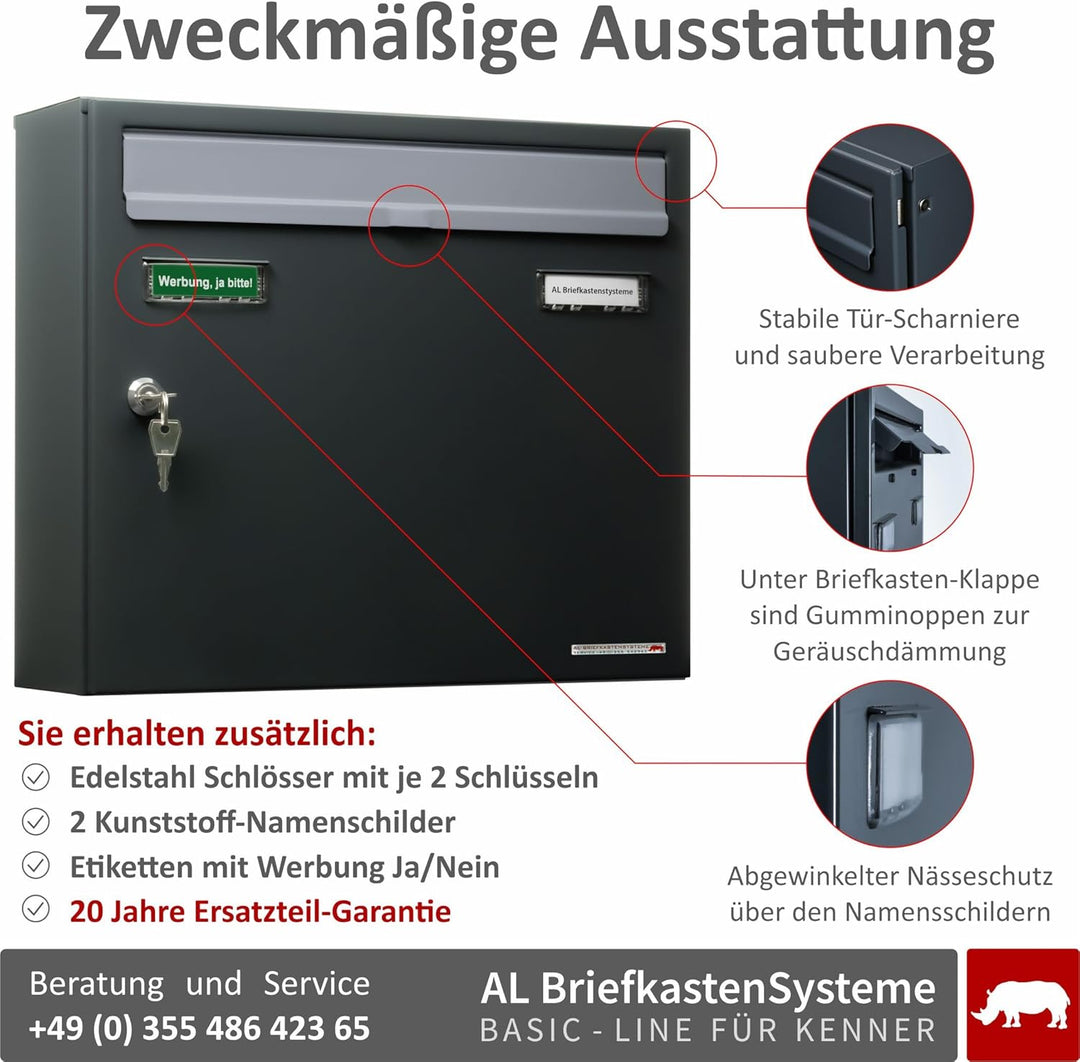 AL Briefkastensysteme Basic 6er Briefkasten RAL 7016 Anthrazit Grau/Einwurfklappe RAL 9006 Weiss Alu