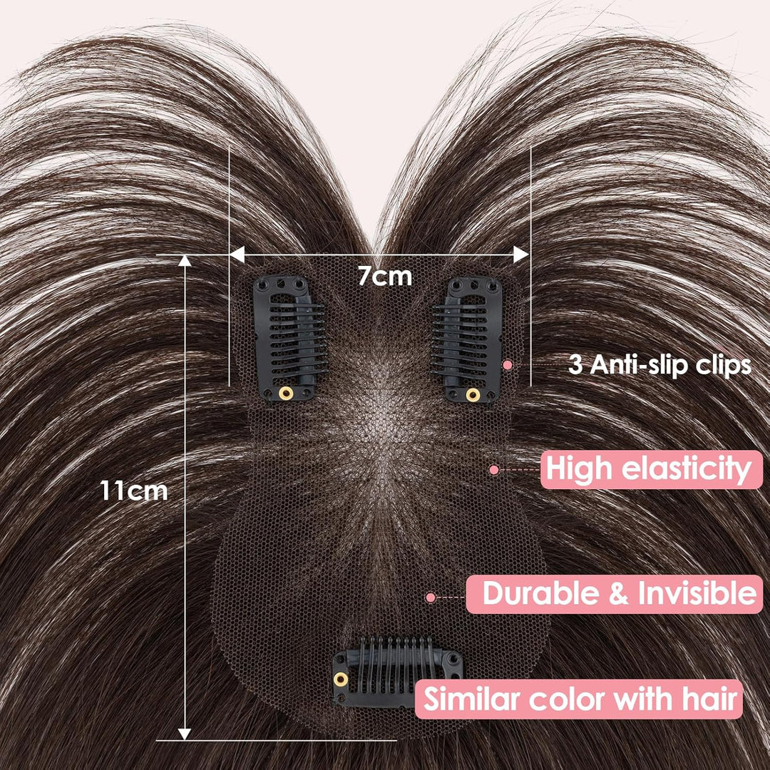 S-noilite Haar Toppers Echthaar Dunkelbraun - Toupet für Frauen mit Wispy Pony 100% Echthaar Clip in