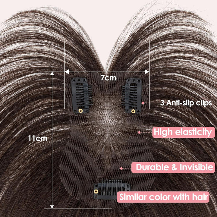 S-noilite Haar Toppers Echthaar Dunkelbraun - Toupet für Frauen mit Wispy Pony 100% Echthaar Clip in