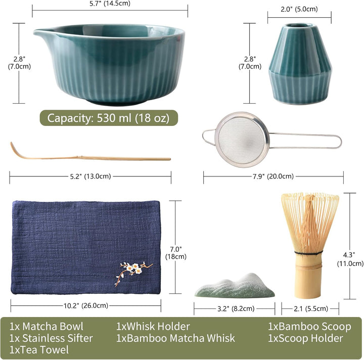 Matcha Set Premium 7-teilig Keramik: Matcha Schale, Bambus Besen (Chasen),Teebesenbasis，Teelöffel, S