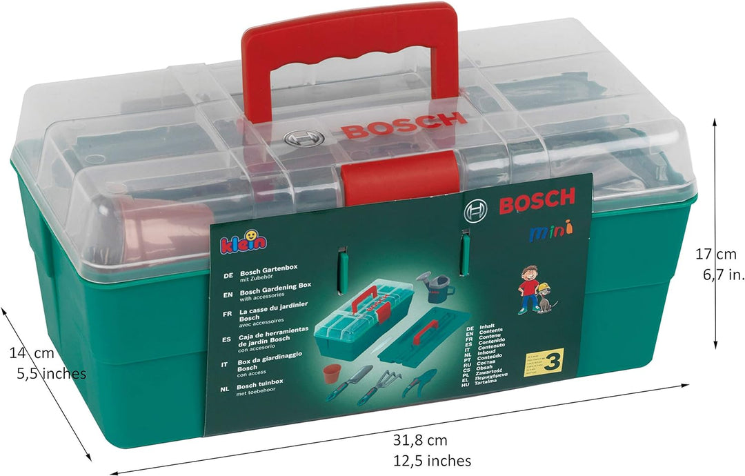 Klein Theo 2791 Bosch Gartenprofibox I Kinder-Gartenset in robuster Box I Hochwertiges Zubehör wie S