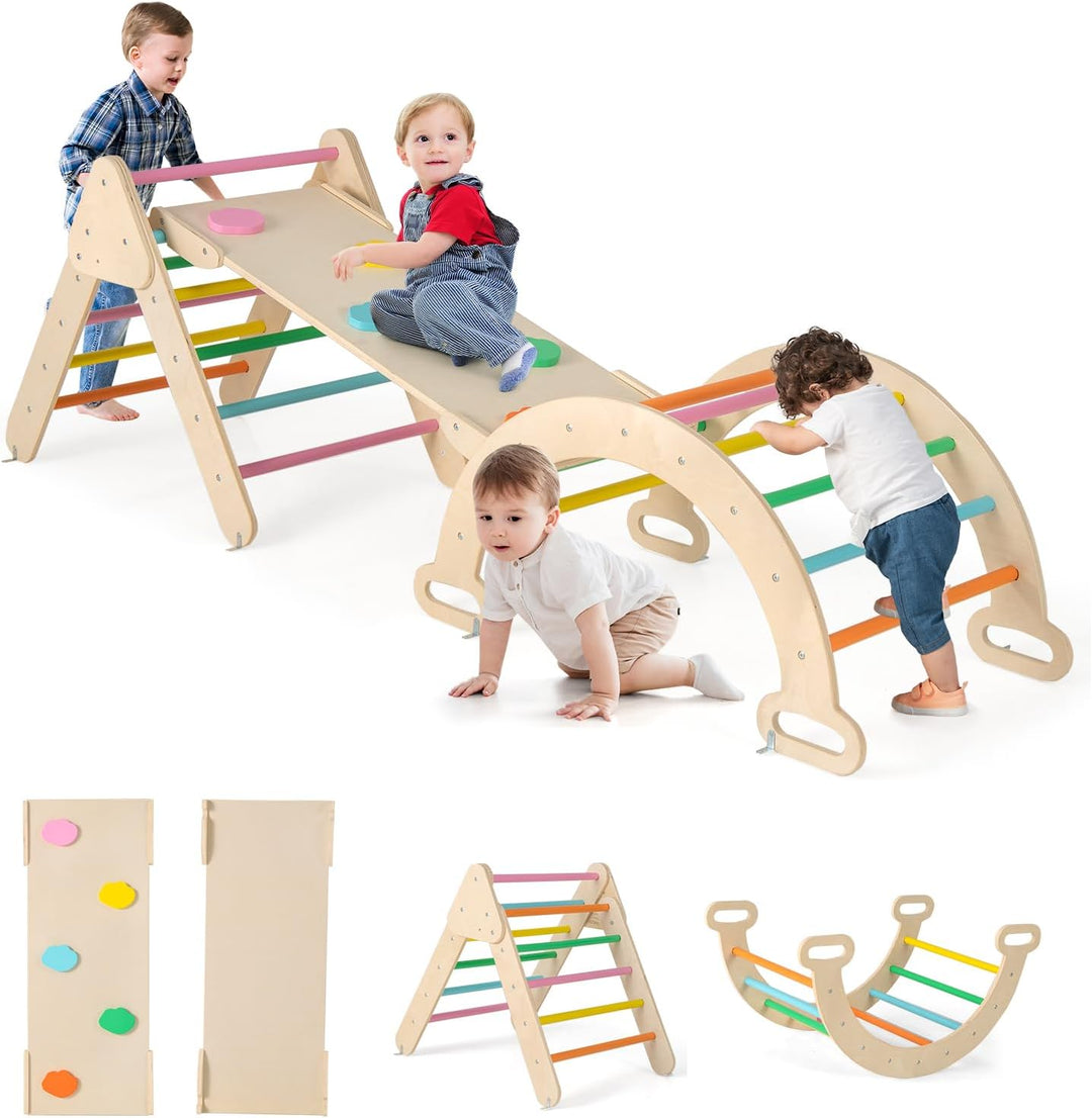 GOPLUS Klettergerüst Indoor, 4 in 1 Kletterdreieck & Kletterbogen & Leiter & Rutsche, Sprossendreiec