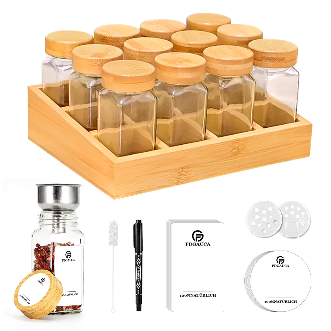 SIAZIH Umweltfreundliches Gewürzregal Holz mit 12 Bambusfächern | 12 120ml-Gewürzgläser Drawer Organ