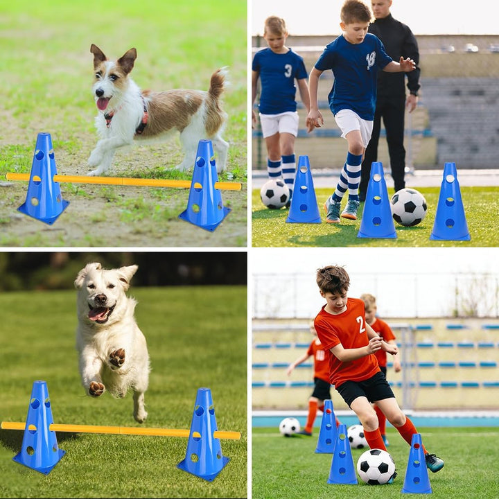 Sports Steckhürdenset 10 Kegel + 5 Stangen, 23cm Höhe, 80cm Länge, Koordinationstraining für Kinder,