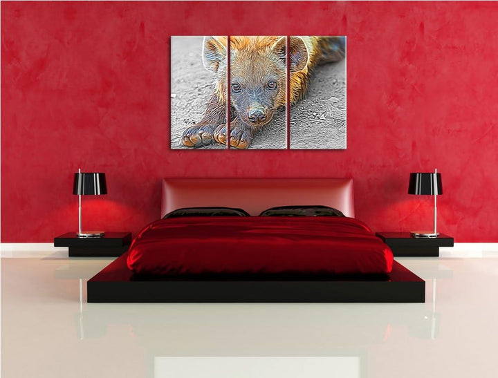 niedliche kleine Hyäne schwarz/weiss Deluxe 3-Teiler Leinwandbild 120x80 Bild auf Leinwand, XXL ries