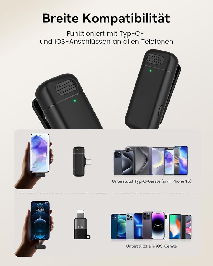 KUKIHO Kabelloses Lavalier Mikrofon für iPhone, Mini Mikrofon für Handy mit DSP-Chip Ansteckmikrofon