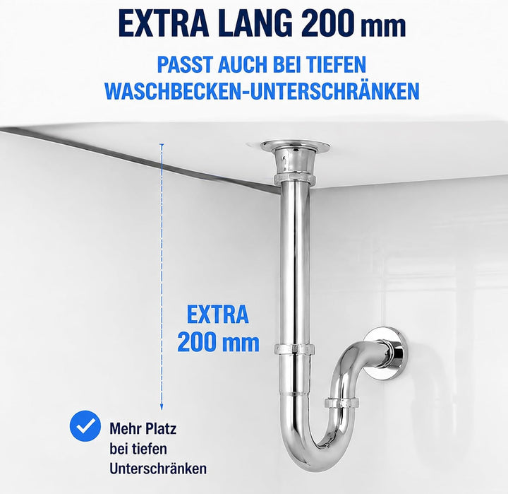 Universal Siphon Waschbecken 200mm Extra Lang G1-1/4" Edelstahl Abflussrohr, Ablaugarnitur Waschbeck