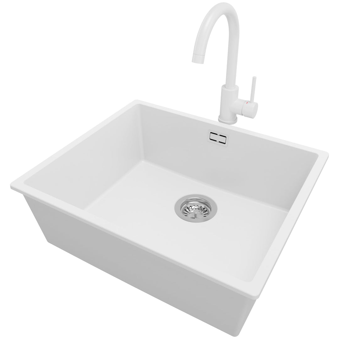 Unterbauspüle Weiss 56 x 47 cm, Granitspüle + Siphon Klassisch + Küchenarmatur, Spülbecken ab 60er U