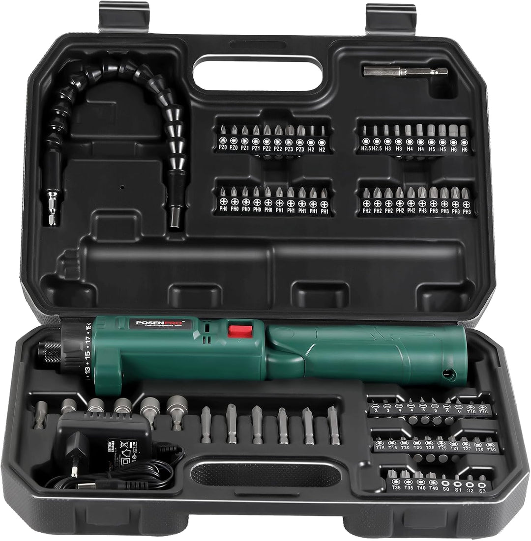 POSENPRO Elektrischer Akkuschrauber Set mit 82 Zubehörteilen, 8 Volt Lithium-Ionen-Akku, 10N·m 21+1
