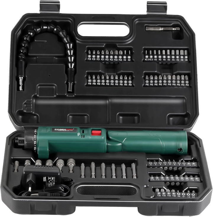 POSENPRO Elektrischer Akkuschrauber Set mit 82 Zubehörteilen, 8 Volt Lithium-Ionen-Akku, 10N·m 21+1