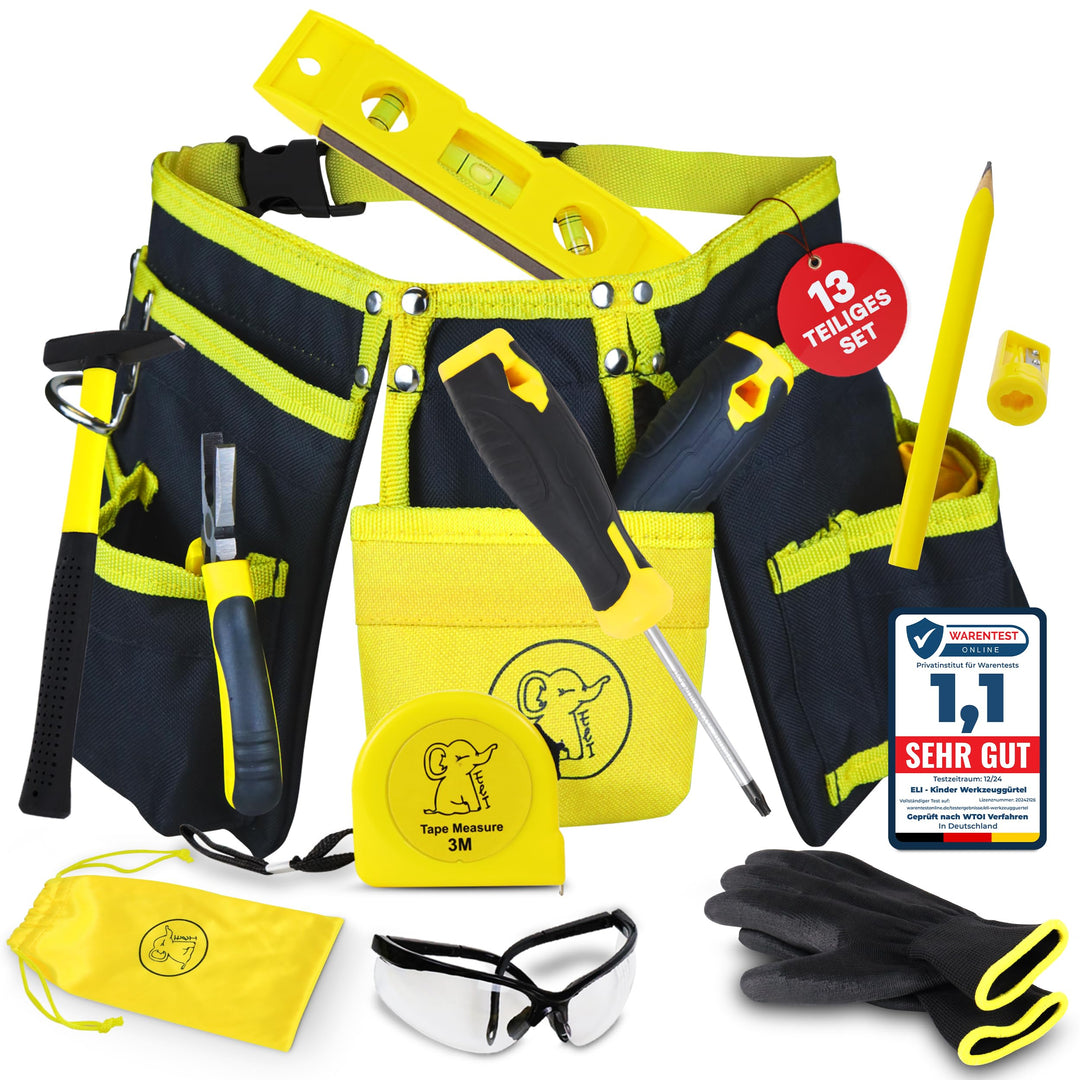 Eli® Werkzeuggürtel Kinder Set ab 6 Jahre - hochwertiges echtes Kinderwerkzeug - inkl. Hammer und Sc