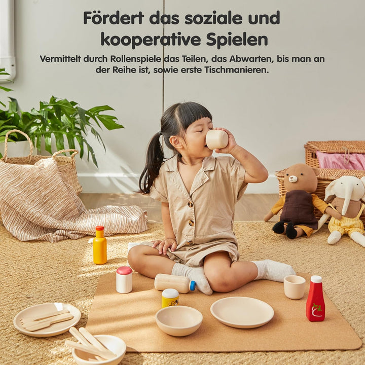 PlanToys Geschirr-Set - Kinderküche Zubehör - Geschirrset aus Holz - Holzspielzeuge 2 Jahre - Set Te