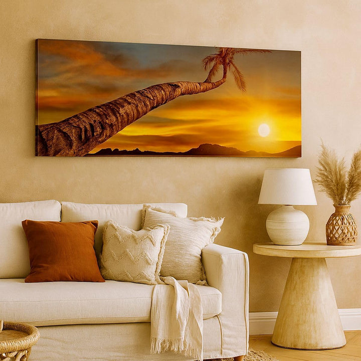 Wandbilder Dekoration Wohnzimmer Palme Landschaft Sonne Panorama Bilder auf Leinwand 120x50cm Leinwa