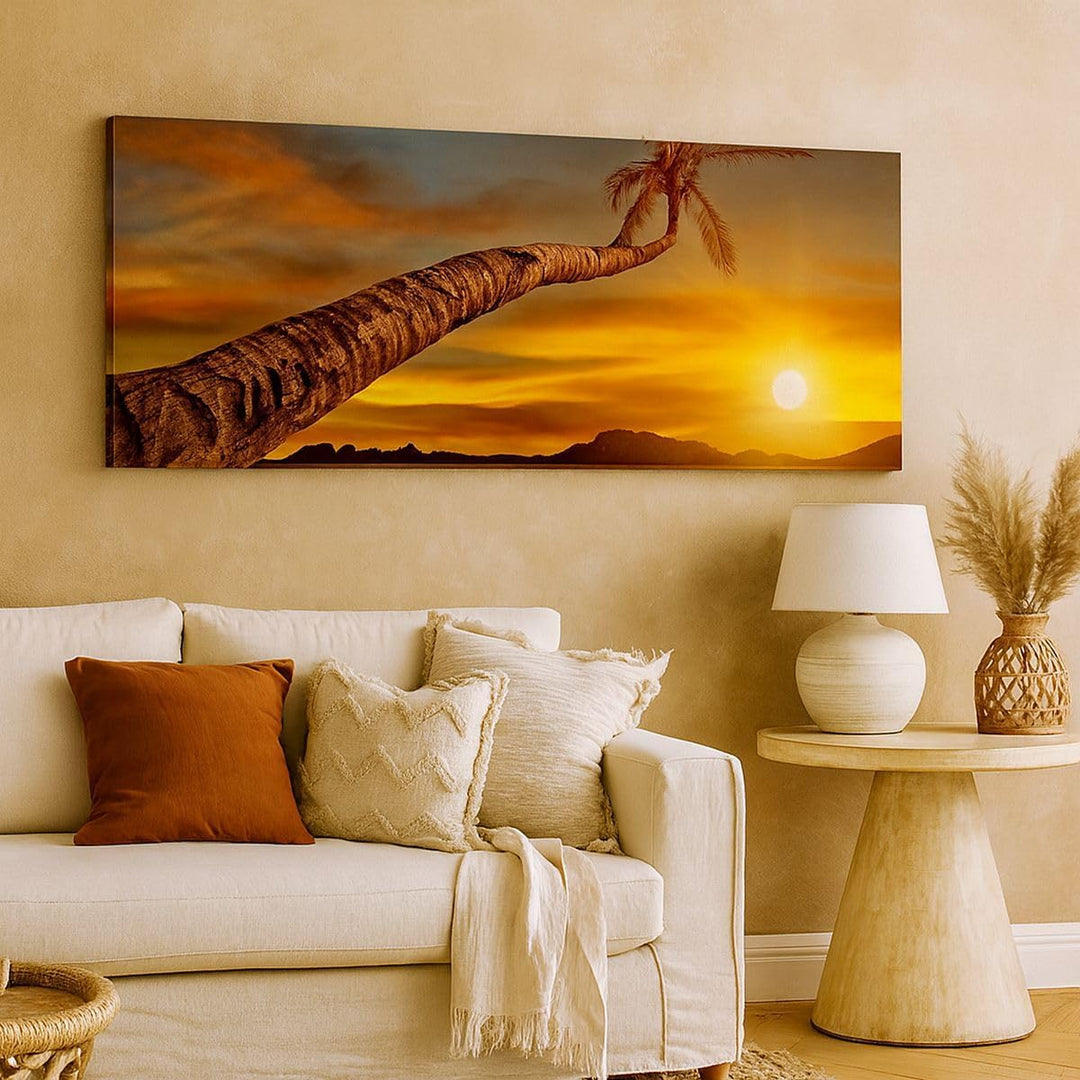 Panorama Bilder auf Leinwand 100x40cm Leinwandbild Palme Landschaft Sonne Gross Wanddeko Bild Schlaf