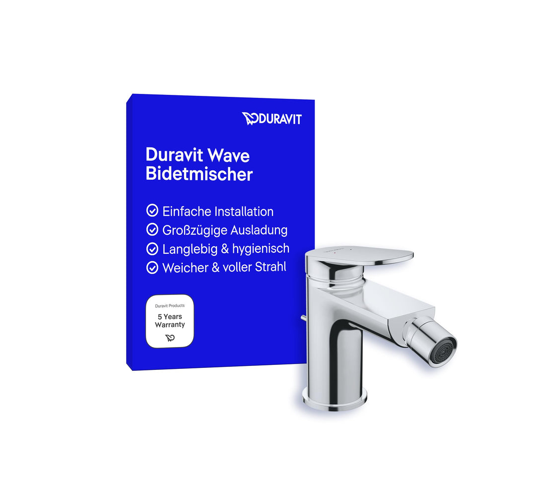 Duravit Wave Einhebel-Bidetarmatur (Auslauf Höhe 85 mm), Bidetmischer mit Zugstangen-Ablaufgarnitur,