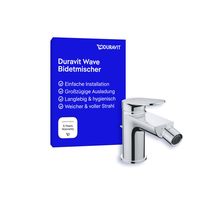 Duravit Wave Einhebel-Bidetarmatur (Auslauf Höhe 85 mm), Bidetmischer mit Zugstangen-Ablaufgarnitur,
