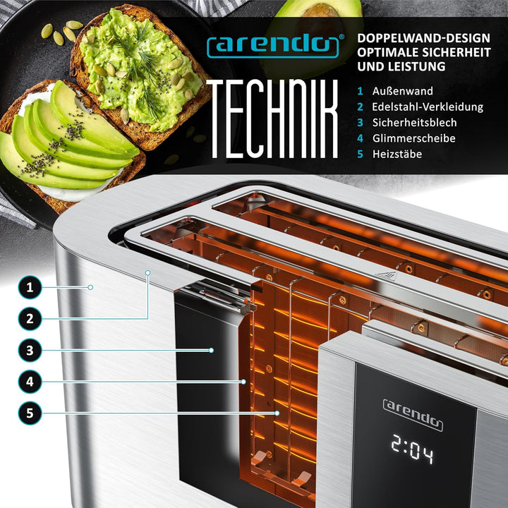 Arendo - Edelstahl Toaster 4 Scheiben Langschlitz - Touchscreen – Doppelwandgehäuse – 1500 W – Integ