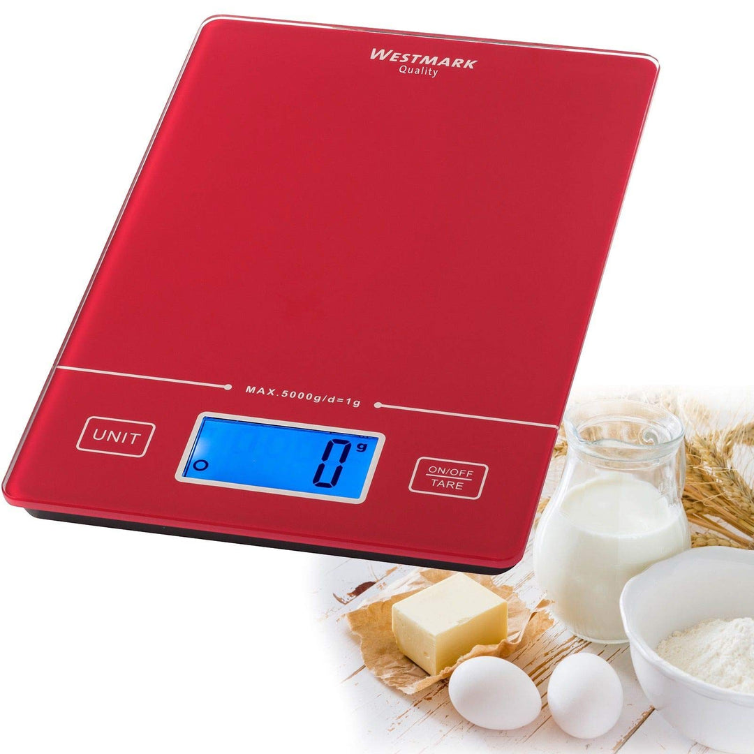 Westmark Digitale Küchenwaage mit Tara-Funktion, Wiegebereich bis 5 Kg, Glas-Wiegefläche, 22 x 15,3