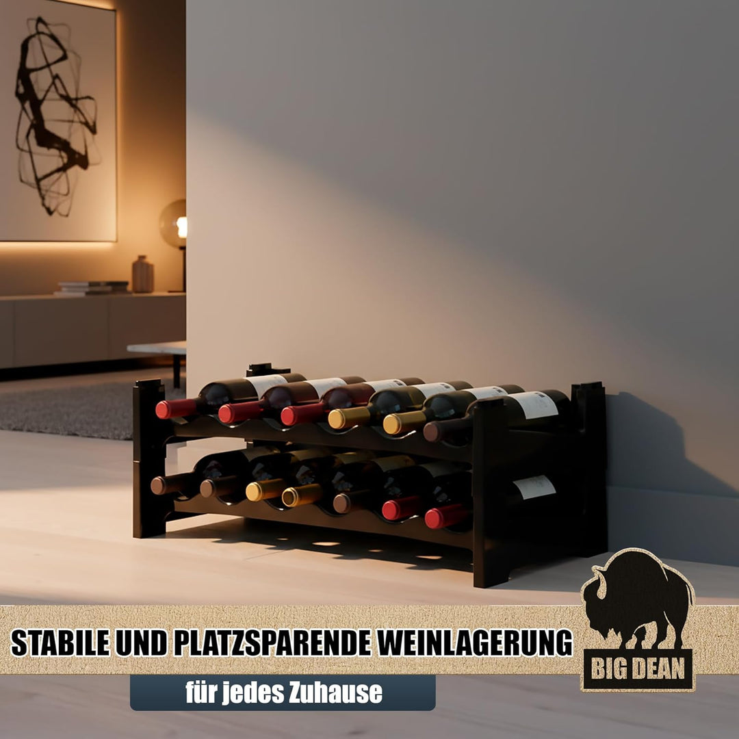 BigDean Flaschenregal stapelbar für 12 Flaschen Weinregal aus Kunststoff Schwarz Getränkeregal Flasc
