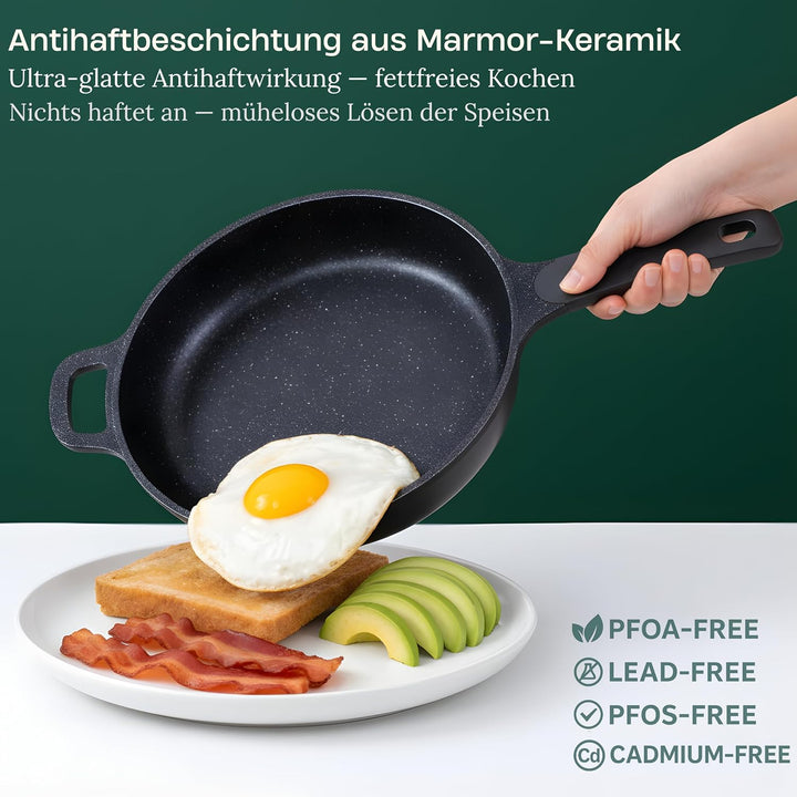 Goldmann Sauteuse 24 CM mit Deckel – Tiefe Bratpfanne aus Guss-Aluminium mit Marmor-Keramik Antihaft