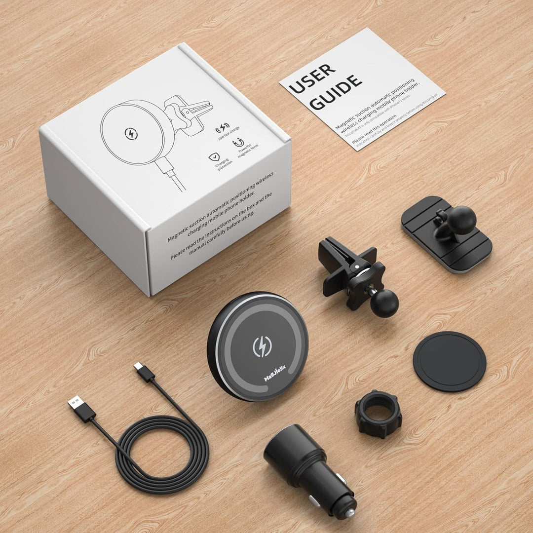 MAGJIEYX Kabelloses Magsafe Ladegerät Autohalterung,【1300g Starker Magnet】 Auto Handyhalterung Qi Wi