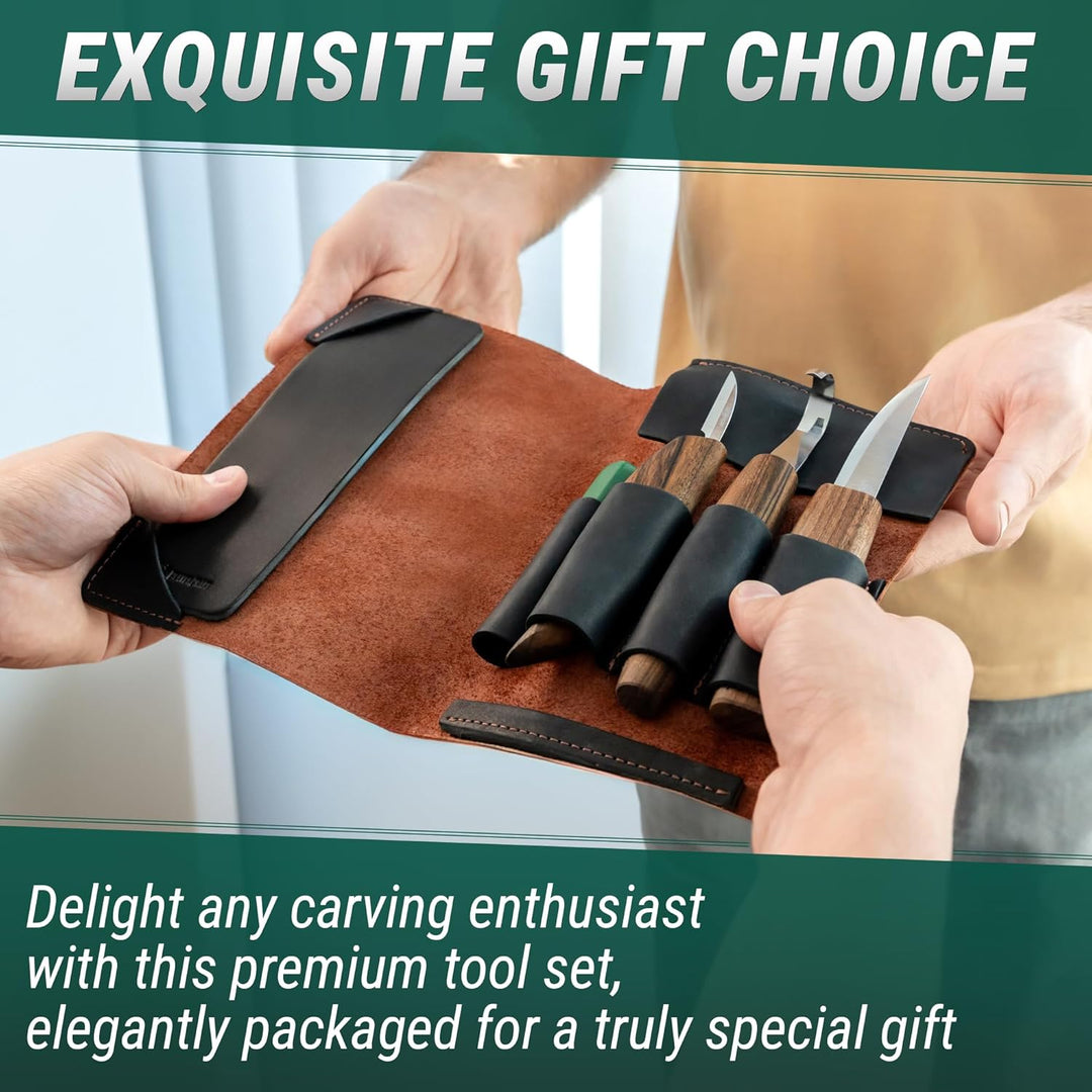BeaverCraft Deluxe S13X Holzschnitzmesser-Set zum Holzschnitzen 3 Messer in einer Ledertasche mit Po