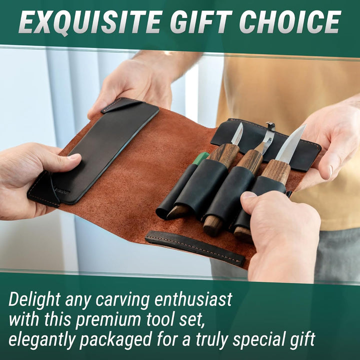 BeaverCraft Deluxe S13X Holzschnitzmesser-Set zum Holzschnitzen 3 Messer in einer Ledertasche mit Po