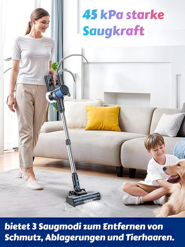 Akku Staubsauger 45KPa/400W/45Mins, Staubsauger Kabellos mit Selbststehende, Anti Tangle Bürste, für