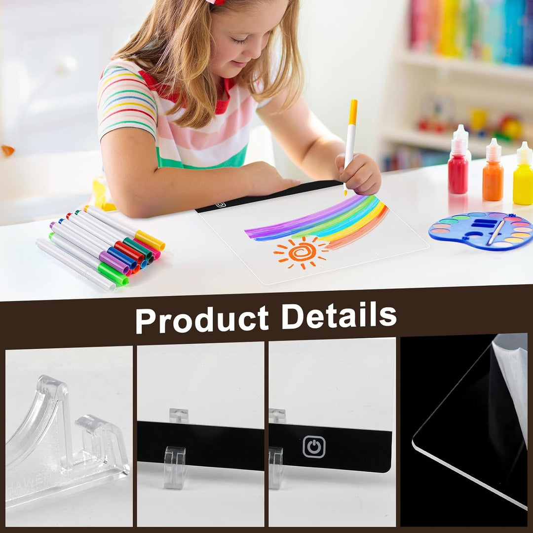 Wiederaufladbar LED Maltafel Kinder 30x20cm mit 7 Lichtfarben & 12 Stiften, Transparente Acryl LED Z
