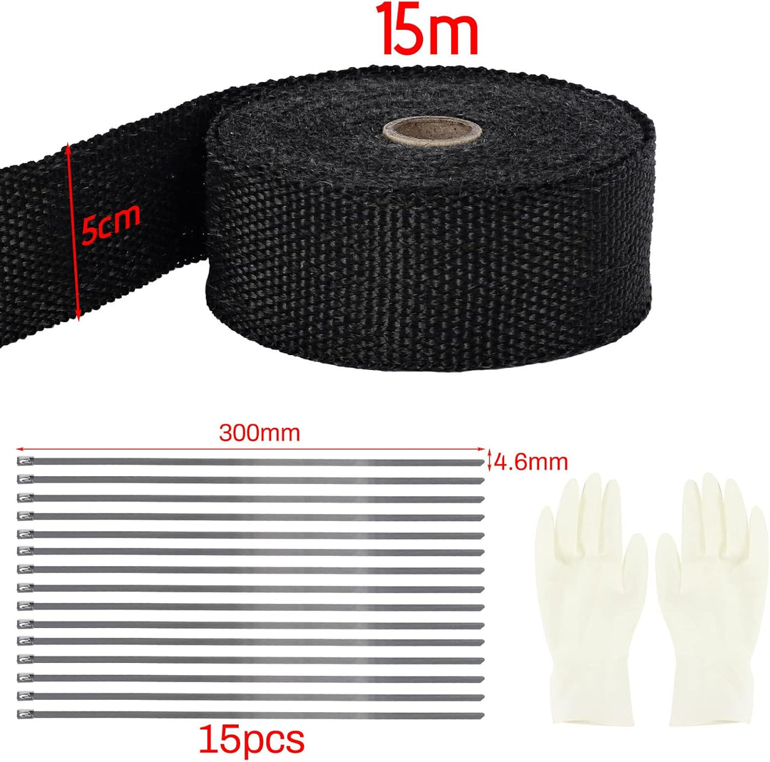 SOMLAW Hitzeschutzband 15M, Basaltfaser Hitzeschutzband Auspuff mit 15 Kabelbinder und Handschuhe, A