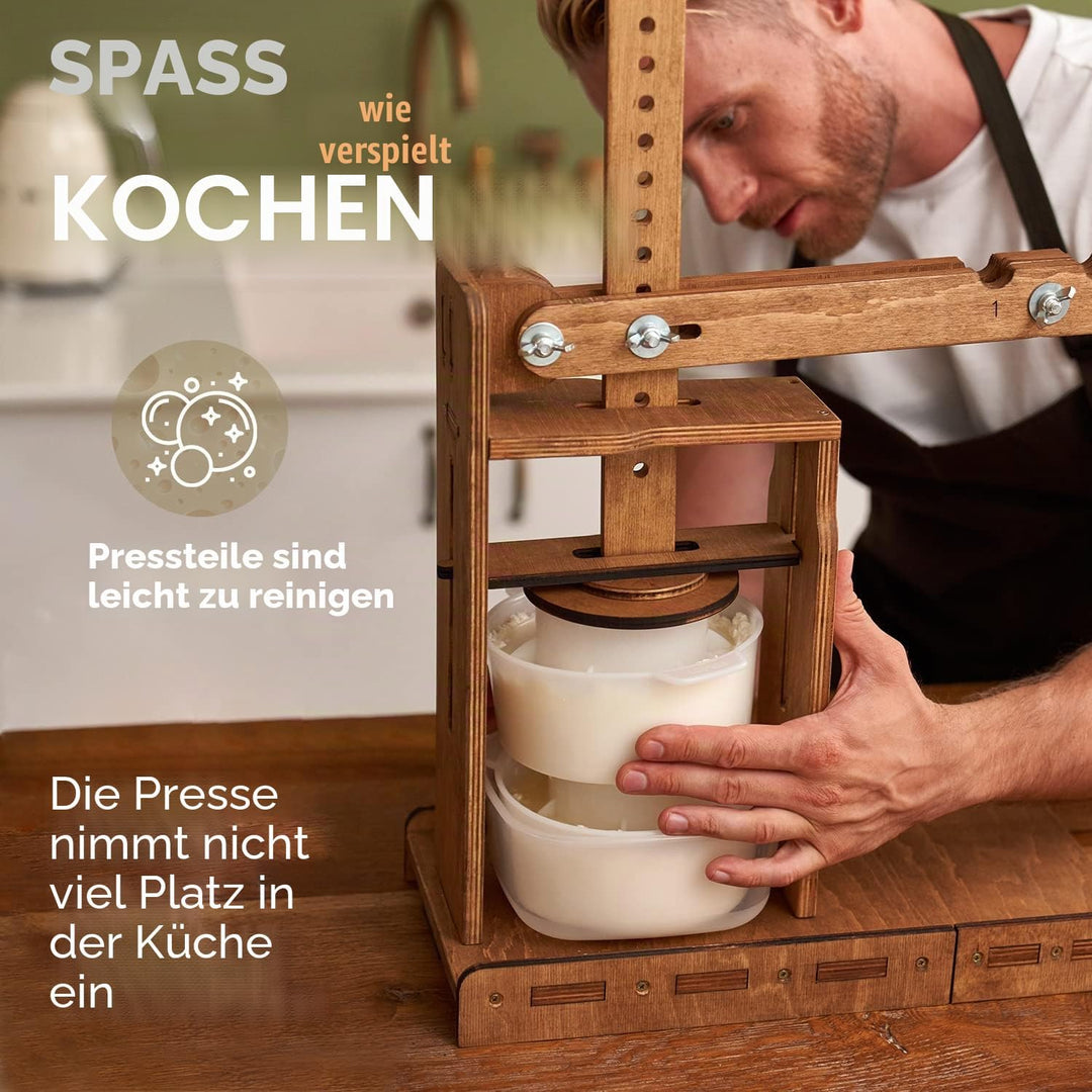 Niederländische Holz-Käsepresse – Käseherstellungs-Set (Holz-Käsepresse mit Hebel und 2 Käseformen 1