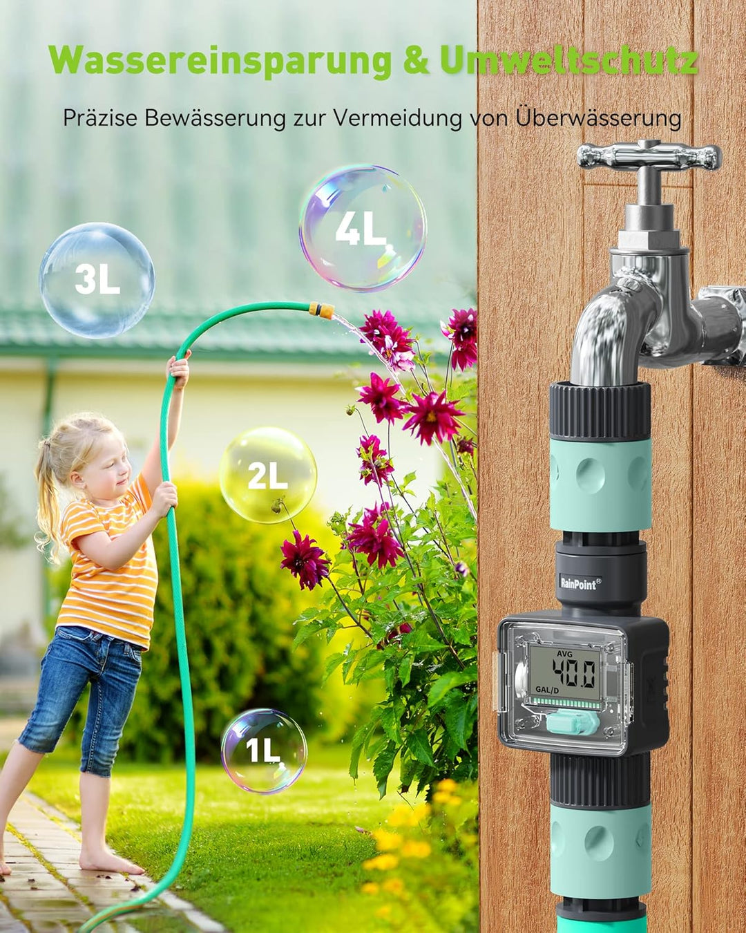 RAINPOINT Wasserzähler, Praktischer Wasseruhr für Garten, 4 Modi zur Kontrolle des Wasserverbrauchs,
