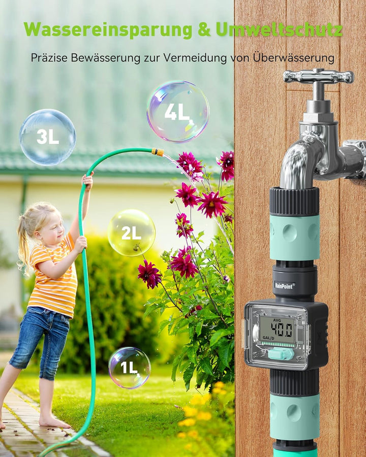 RAINPOINT Wasserzähler, Praktischer Wasseruhr für Garten, 4 Modi zur Kontrolle des Wasserverbrauchs,