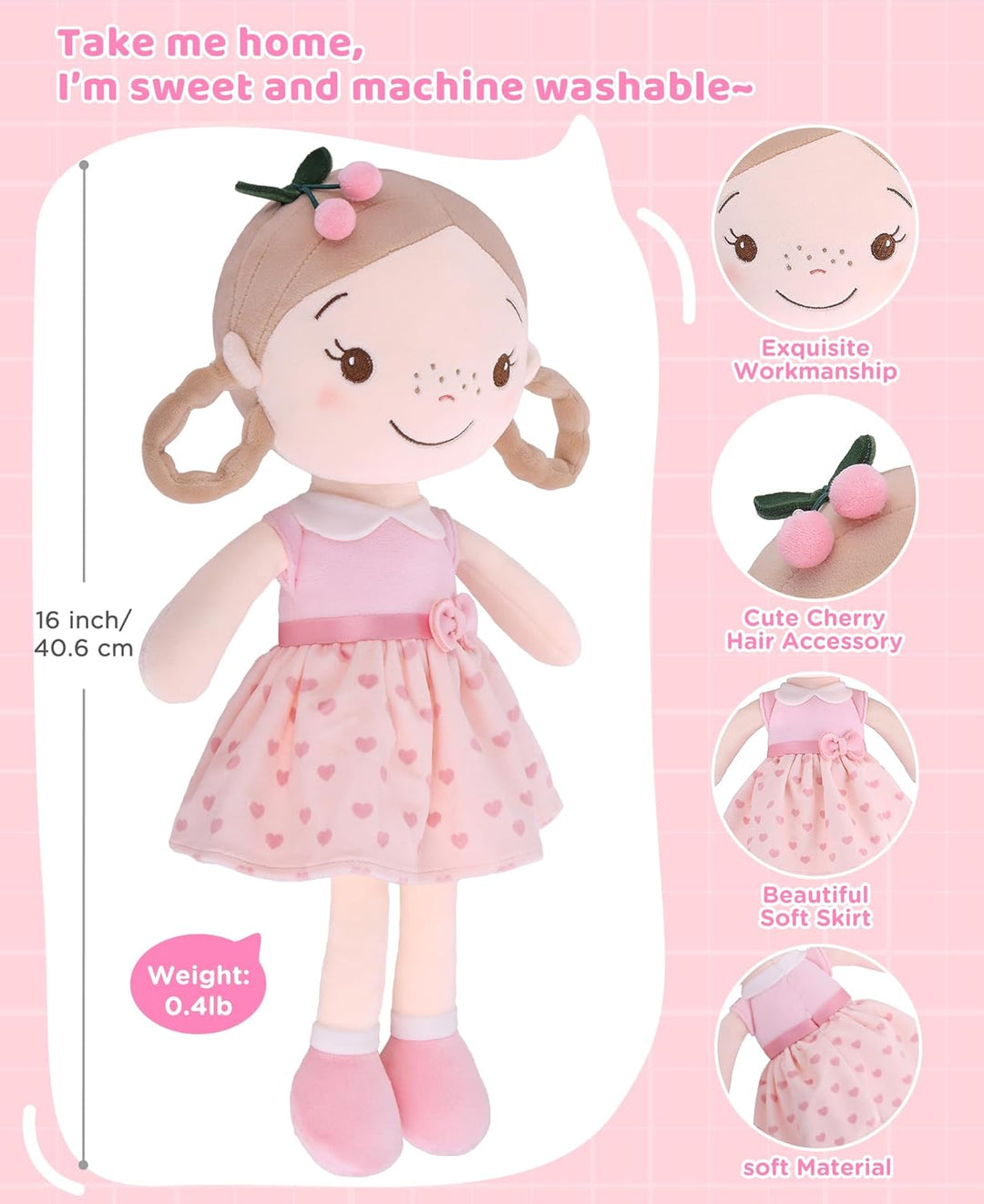 GAGAKU Weiche Stoffpuppe 40cm Schutzengel Puppen, Taufgeschenk für Baby Mädchen Kuscheltier Glücksbr