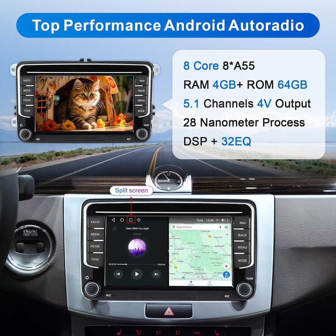 Android Autoradio mit Navi Bildschirm für VW Golf 5 6 Seat Passat, 8-Core 4GB+64GB Wireless Android