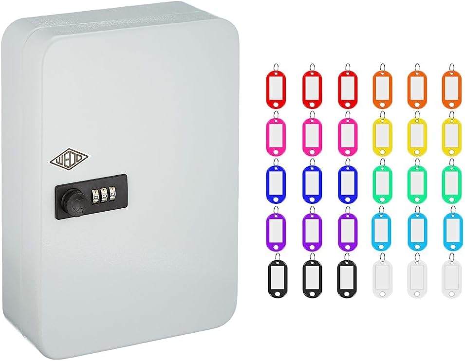 Wedo 10242437 Schlüsselschrank für 24 Schlüssel, 18,6 x 9,4 x 25 cm, Hellgrau & Schlüsselanhänger, 3