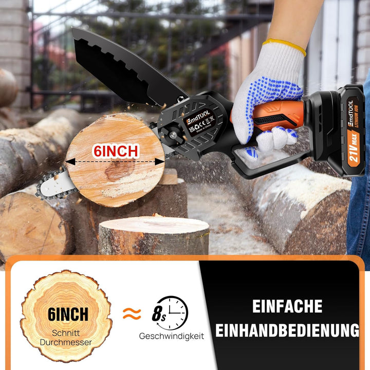 Mini Kettensäge 21V, 6 Zoll Akku Stsäge mit 3.0Ah Akku und Schnell-Ladegerät, Mit Sicherheitsverrieg