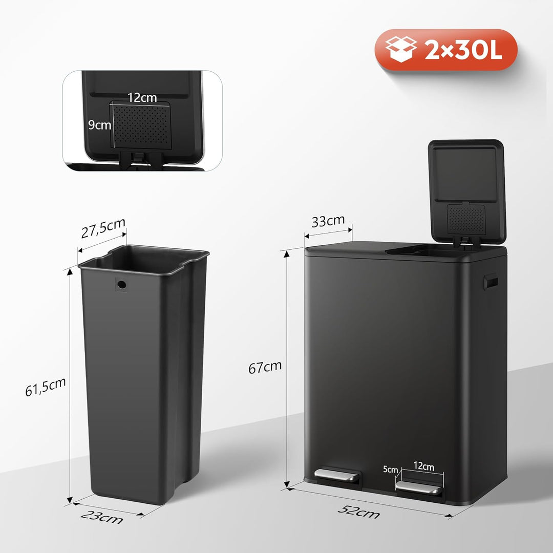 WLIVE Mülleimer 2 x 30L (60L Gesamtvolumen),Mülleimer Küche,Edelstahl Mülltrennsystem mit Mülleimer